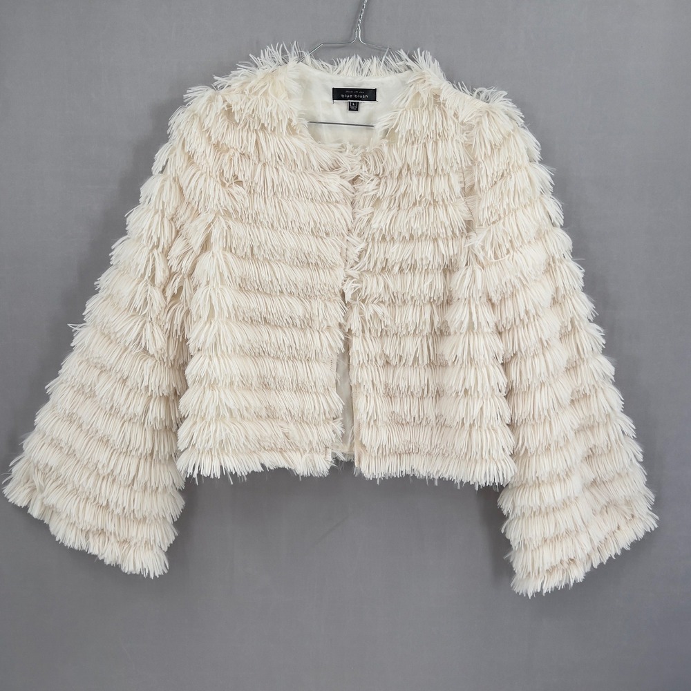 Blue Blush Womens Cream Tiered Shaggy Fringe Bell Sleeve 70s Style Open Jacket L